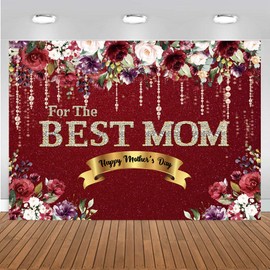 CHAIYA 8x6ft Happy Mother's Day Backdrop Best Mom Backdrop Floral Golden Dots Mothers Day Birthday Photography Background Mother's Day Decorations Banner