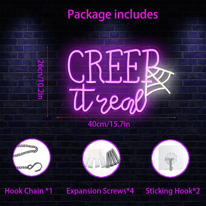 Creep It Real Halloween Neon Sign with Ghost & Spider