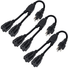 Elecan 3-Prong Y Splitter Power Extension Cord 1 FT/3 Pack, Straight Plug 1 to 2 Way Outlet Space Saver, Heavy Duty Weatherproof SJTW, 16AWG 13A, 5-15P Cable Extender for Indoor Outdoor-UL