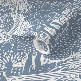 Removable Wallpaper 12ft x 2ft - Folk Bicycle Toile Blue Monochrome Block Print Trees Lines Cycling Scandi Custom Pre-Pasted Wallpaper by Spoonflower