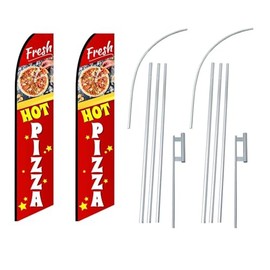 Fresh Hot Pizza Red Feather Flag | 3ft W x 11.5ft H | Durable Super-Knit Polyester with Aluminum Flagpole and Ground Spike | Outdoor Advertising Banner Flag for Promotions | Two Kits w/Hardware