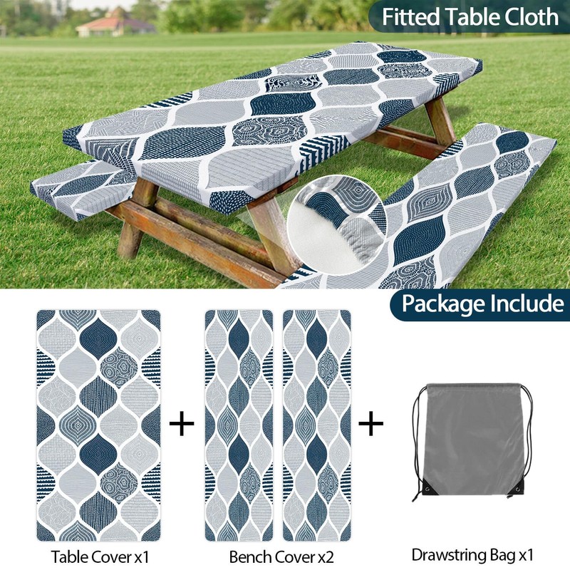 JAWO Blue and Grey Picnic Table Cover with Bench Covers,
