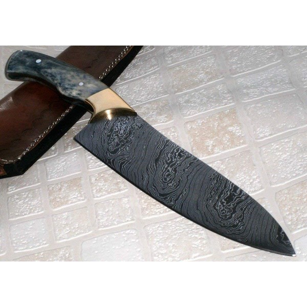 RK-237 B , Style Damascus Steel Chef Knife – Brass Bolsters & Colored Bone Handle
