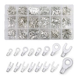 420pcs Non-Insulated Ring Terminals & Fork Connector Kit 22-16/16-14/12-10 Gauge Wire Lugs Battery Cable Terminals Wire Crimp Connectors High Temperature T2 Pure Non-Insulated Copper Connector