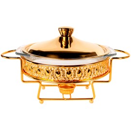 jinsongdafa Casserole Dish 10.2" x 9"Glass Baking Dish with Stainless steel Lid and rack, Golden round 1.5 Qt Baking Pan For Casserole & Lasagna, Microwave Dishwasher Freezer Oven Safe