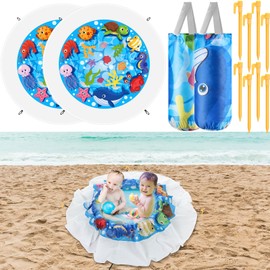 Hahafelt 2 Sets Portable Round Baby Beach Pool, 6.5 x 6.5 ft Cute Cartoon Toddler Puddle Pool Blue Child's Beach Blanket and Kiddie Pools Flexible Kids Pools with Carrying Bag for Boys Girls