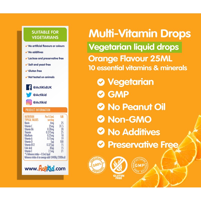 ActiKid Multi-Vitamin Drops 25ml, Gelatine Free (Vitamin Drops for Babies,