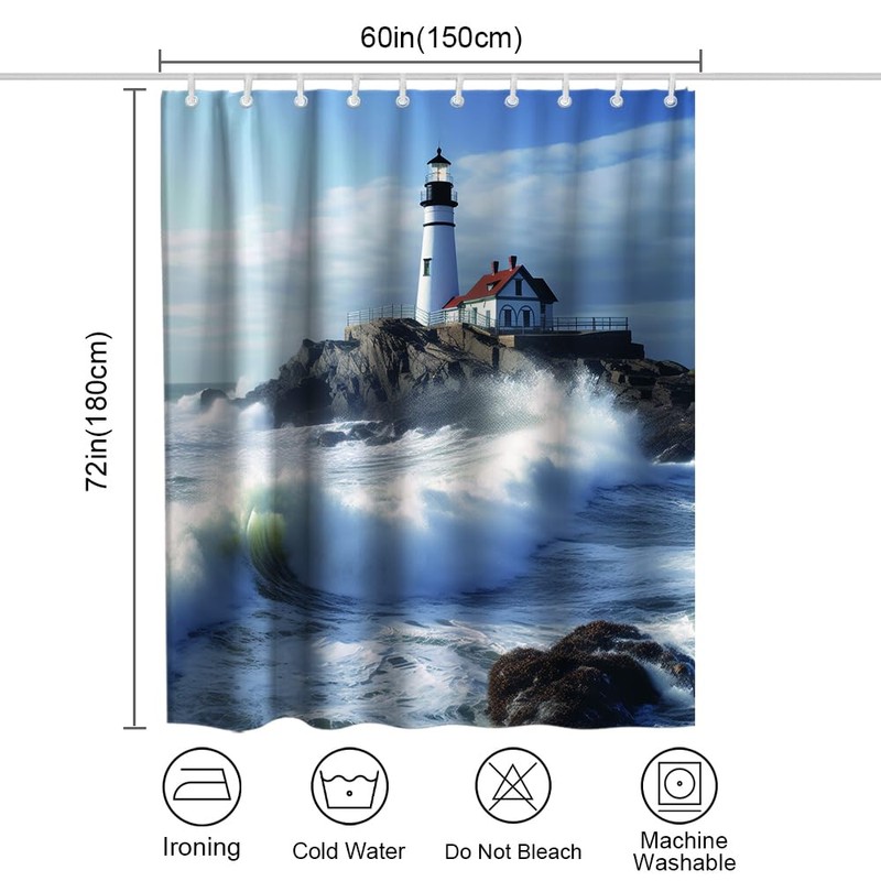 OTRANTO Blue Ocean Shower Curtain Lighthouse Nautical Coastal Scenic Nature