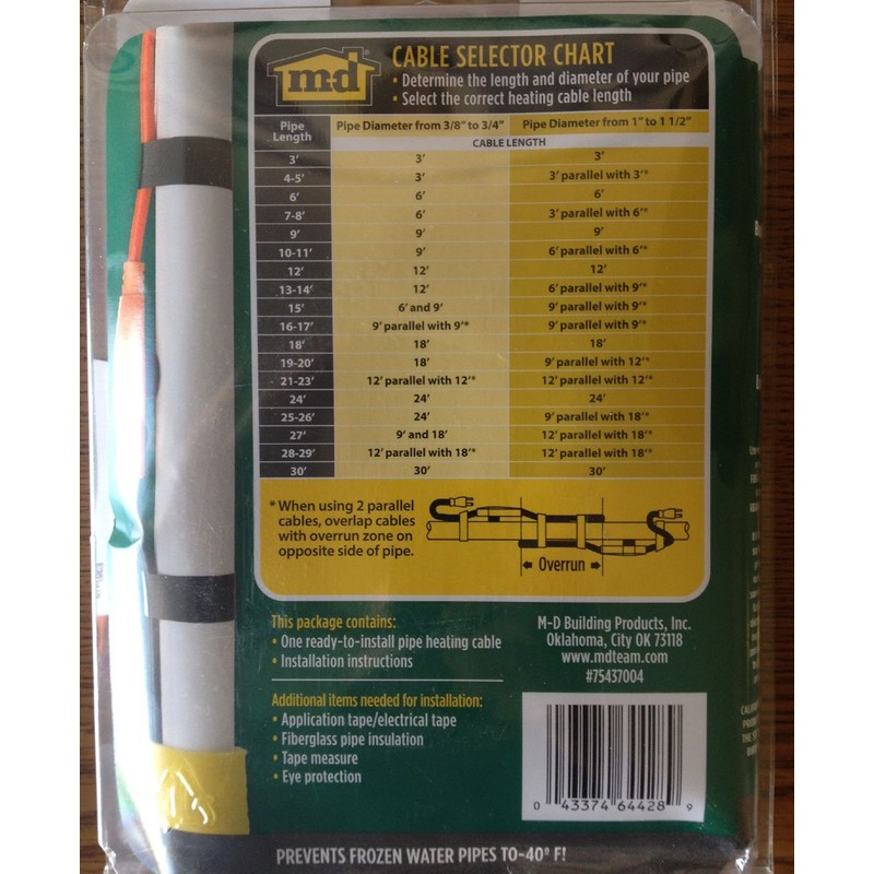 M-D Building Products 64428 18-Foot Pipe Heating Cable with Thermostat,