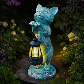 Cat Garden Lantern, Decorative Cat Garden Statue with Solar Lantern, Outdoor Figures, Decoration for Patio, Balcony, Garden, Lawn, Gift for Mum, Grandma, Women, Housewarming, Birthday, Welcome (Green