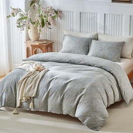 Lekesky 100% Cotton Double Duvet Cover Set Grey Bohemian Bedding - Classic Paisley Print Cotton Duvet Cover Sets (1x Quilt Cover, 2x Pillowcases) Cozy Soft Double Bedding 200x200 cm, Grey