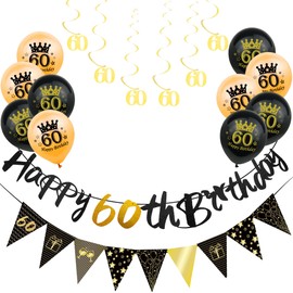 18Pcs Black Gold 60th Birthday Decorations for Him,Men,60th Birthday Banner Triangle Flag Bunting Black Gold Foil 60 Hanging Swirls,60th Birthday Balloons for Men Him Birthday Party Decoration Pack