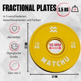 MATCHU - Fractional Plates - Mini Weight Plates - 0.25/0.5/1/1.5/2.5 kg - Set of 2 - Steel with Rubber Outer Layer - Diameter 50 mm - (Yellow - 1.5 kg)
