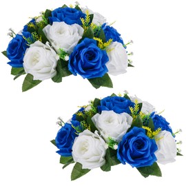 NUPTIO Flower Ball Arrangement Bouquet - 2 Pcs 9.5 inch Diameter Royal Blue Fake Artificial Roses Arrangements for Wedding Tables Centerpieces Decorations