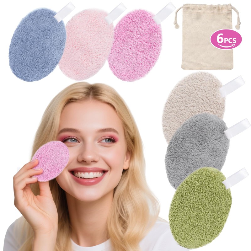 LOPHE 6 Pieces Washable Double Sided Oval Makeup Remover Pads