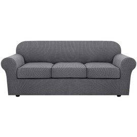 H.VERSAILTEX 4 Piece Stretch Sofa Covers for 3 Cushion Couch Covers for Living Room Furniture Slipcovers (Base Cover Plus 3 Seat Cushion Covers) Upgraded Thicker Jacquard Fabric (Sofa, Grey)