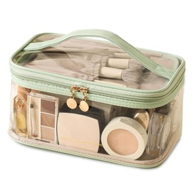 Large Clear Makeup Bag Big Travel Cosmetic Bag On-The-go Toiletry Bag with Handle Transparent Toiletries Bags Pouch for Purse Orangizer for Daily Essentials Green