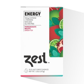 Zest Tea Premium Energy Hot Tea, High Caffeine Blend Natural & Healthy Black Coffee Substitute, Perfect for Keto, 135 mg Caffeine per Serving, Pomegranate Mojito Green Tea, Box of 15 Sachet Bags