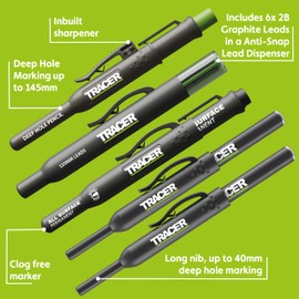 Tracer 5 Piece Construction Marker Kit with Storage Case - Carpenter's Pencil, 2 x Long Nib Markers, Clog-free Marker and Replacement Leads Dispenser