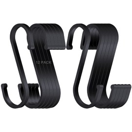 HONZUEN 12 Pack Heavy Duty S Hooks, Flat S Shaped Hooks Black Large Hanging Metal Hooks with Round End Design, Rustproof Kitchen Utensil Pans Pot Hooks for Kitchen Bathroom Bedroom Office