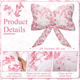 Colingmill Coquette Bow Pillow Printing Pink Flower Large Bow Shaped Pillow Decorative Plush Bow Pillows Preppy Throw Pillow for Sofa Bed Women Room Home Decoration 24inch