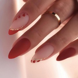 Red Press on Nails Medium Almond - WLGDLH Valentines Fake Nails Frosted False Nails Press Ons With Heart Lines Designs Nail Tips Full Cover Glue on Nails Acrylic Nail Kit for Women Manicure