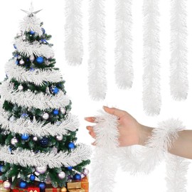 Poen 100 ft Christmas Tinsel Garland Xmas Tree Garland Decorations Metallic Tinsel Glitter Twist Garland for Indoor Outdoor Wedding Carnival Holiday Party Supplies(White)