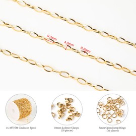 KYUNHOO 5 Meters Gold Plated Chains for Jewelry Making Stainless Steel Oval Cable Necklace Chain Roll with Lobster Clasps and Jump Rings for Choker Bracelet Making DIY Craft Supplies