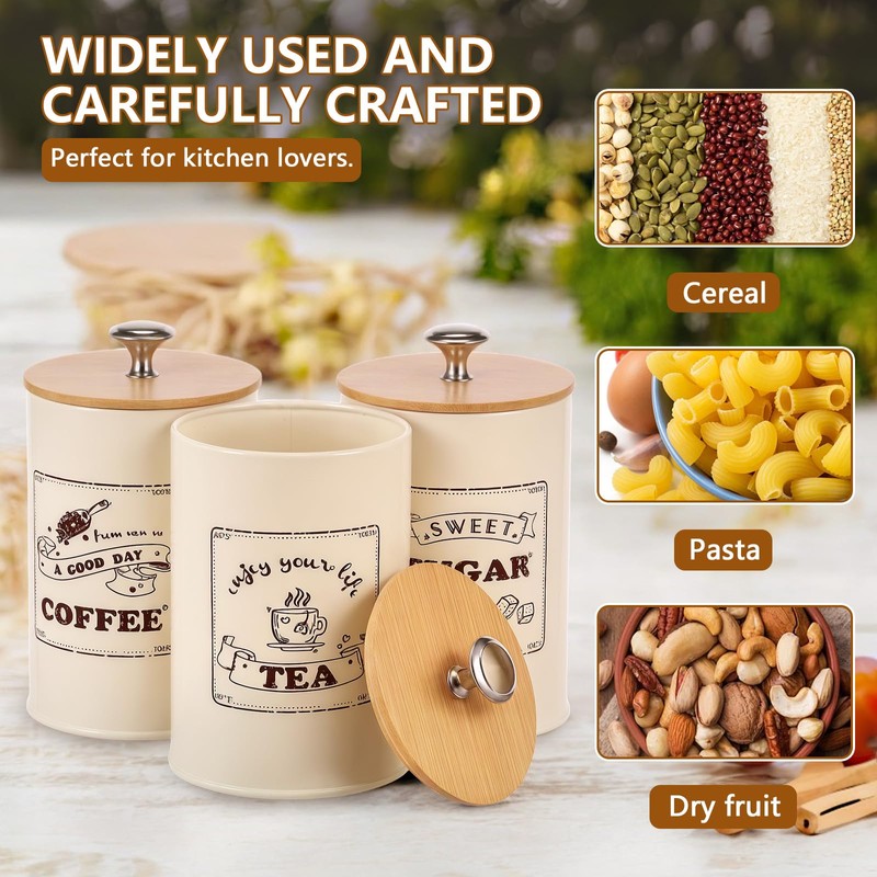 UKQRRTC 3 Pack Metal Coffee Sugar Tea Canister Set, Large