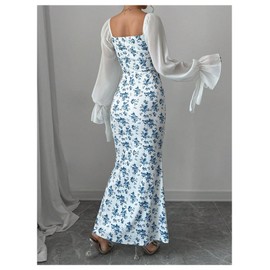 SweatyRocks Women's Floral Print Bodycon Fishtail Dress Ruched Lantern Long Sleeve Holiday Dresses Blue and White Small