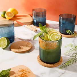 Bloomhouse Lyon Sky 4 Piece Hand Made 16 OZ Lapis Blue Colored Glass Double Old Fashioned Set w/Four Coasters