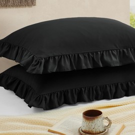 Cobedzy Ruffled Pillow Cases Set of 2, Black King Pillow Shams Brushed Microfiber Edge Ruffled Soft Pillow Cover with Envelope Closure for Bedding Decor (20"x36")