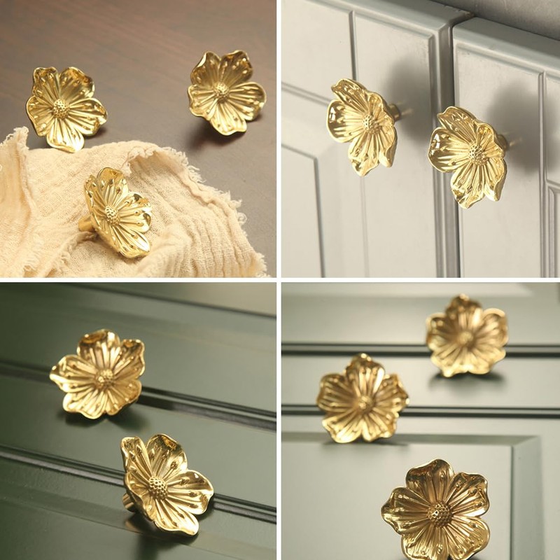 Mikikit 6 Pcs Brass Flower Drawer Knobs, Golden Cabinet Pull