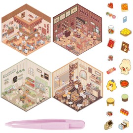 Kabwea Set of 4 3D Miniature World Stickers with Rabbit Duck Motifs, DIY, 3D Sticker, Sticker Scene, Sticker 3D (Including Tweezers)