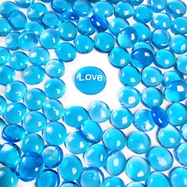 HappyFiller 5 LB Sea Blue Glass Gems Flat Marbles with 1 Pc Large Inspirational Beads,Vase Fillers, Aquarium Fish Tank Pebbles,Fountain Stones,Floral Arrangement,Mosaics Crafts,Fire Glass Drops
