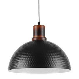 Mgcanyu Modern Solid Wood Pendant Lights,15.7" Hammered Metal Shade,Black Finish Hanging Lighting Lamp Industrial Dome Ceiling Light Fixtures for Kitchen Island, Farmhouse, Dining Room