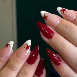 KTAABTR French Tip Press on Nails Medium Almond Shaped Star Fake Nails with Glue Red Glitter Glossy Acrylic Nails Stick on Nails for Woman Girls DIY 24Pcs Full Cover False Nails