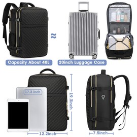 Large Carry On Travel Backpack - Flight Approved Waterproof Luggage Suitcase Backpacks Personal Item Size for Women Men Fit 17 Inch Laptop College Overnight Bag Anti-Theft Weekender Daypack Black Gold