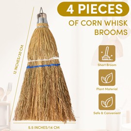 4PCS 12" Corn Whisk Brooms with Natural Bristles,Heavy Duty Hand Broom for Indoor & Outdoor Use,Sweeps Floors, Porches,Decks-Durable Straw Broom, Perfect for Kitchen, Garage, Driveway