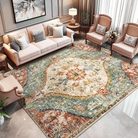 CAPALOCA 5x7 Area Rugs for Living Room Machine Washable Vintage Boho Rugs Bedroom Carpet Non Slip Low Pile Water Repellent Soft Print Pattern Indoor Decor Area Rug Polyester Beigered/Green