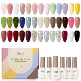 GAOY 42 Pcs Gel Nail Polish Kit, Red Blue Jelly Nude Glitter Colors All Seasons Gel Nail Polish Set with Glossy & Matte Top Coat and Base Coat for Nail Art DIY at Home