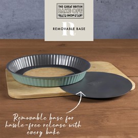 The Great British Bake Off Quiche/Tart Tin for Baking, Baking Pan for Pie, Flan, Tartes & More, with Loose Base, 3.5cm Deep, Non Stick Coated Carbon Steel in Duck Egg Blue, 25cm Diameter
