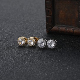 CZ Iced Out Men Screw Back Diamond Earring Studs, 24k Gold Plated Bling Party Jewelry
