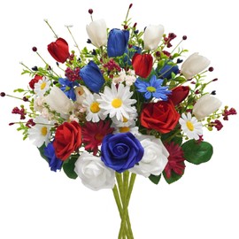Succwoah 4PCS Patriotic Artificial Flowers Mixed Bush Red White Blue Rose Tulip Flowers Memorial Day Flower Bouquet for 4th of July Independence Day Grave Home Table Decoration