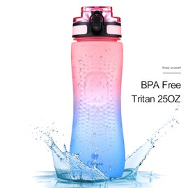 25oz Sports Water Bottle, Newest Leak-Proof Design, Push-to-Auto Lid, Suitable for Gym, Sports, Outdoor, School, Kids, BPA Free, Scale Mark Reminder to Replenish Hydration, Gradient Color,Pink/blue