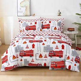 Mooreeke Kids Twin Comforter Sets for Boys 6 Pieces Fire Truck White Bedding Set for Teens Soft Microfiber Kids Bed in A Bag with Comforter, Sheet Set, Shams and Decorative Toy Pillow All Season