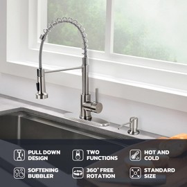 WEWE Kitchen Sink Faucet with Soap Dispenser, Kitchen Faucet with Pull Down Sprayer Stainless Steel Single Handle High Arc Pull Out Brushed Nickel Faucet for Bar Laundry RV Utility Sink