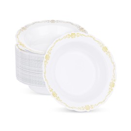Bestluck 50 Pack White Plastic Bowls with Gold Rim, 12oz Disposable Soup Bowl, Heavy Duty Dinner Bowls for Party, Weddings, Dinners, Catering and Everyday Use