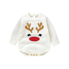 Saliuentm Infant Baby Sweater Romper Baby Girl Boy Christmas Outfit Deer Print Knit Warm Onesie Baby Ugly Christmas Sweater(A-White,6-9 Months)