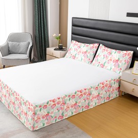 Pink Tulips Bed Skirt Twin Size,Flowers Leaves Botanical Bedskirt 2pcs for Kids Girls Boys Adults Bedroom Decor,Florals Plants Romantic Bed Wrap Bedding,Colorful Dreamy Fitted Sheet,1 Pillowcase